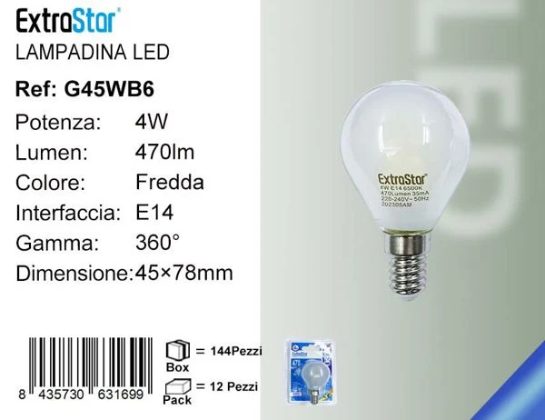 LAMPADINA LED E14 4W 470LM LUCE FREDDA