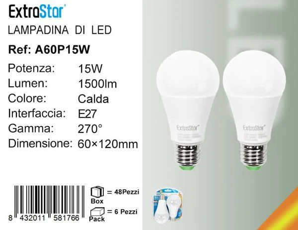LAMPADINA LED E27 15W 1500LM 3000K 2PZ