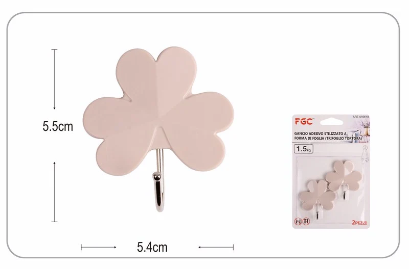 GANCIO ADESIVO STILIZZATO A FORMA DI FOGLIA (TRIFOGLIO TORTORA) 2 PZ --144--