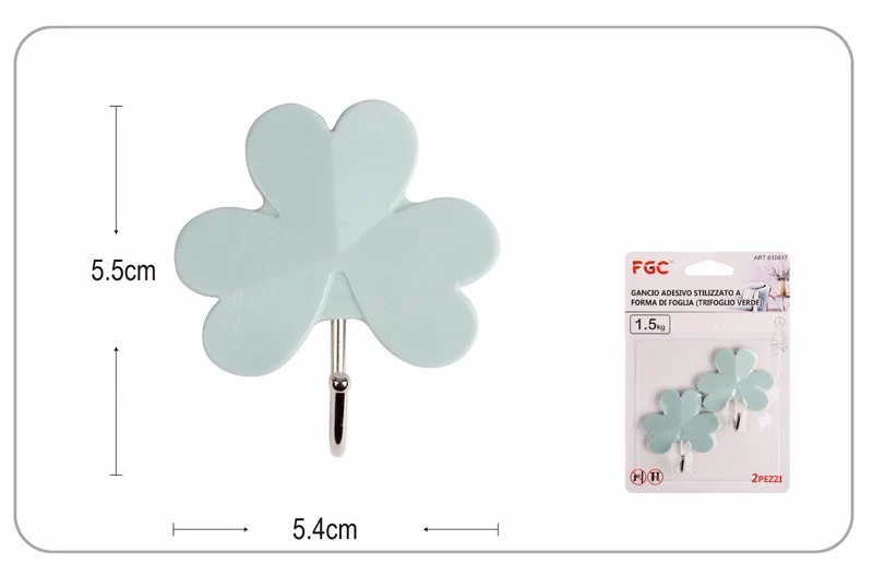 GANCIO ADESIVO STILIZZATO A FORMA DI FOGLIA (TRIFOGLIO VERDE) 2 PZ --144--