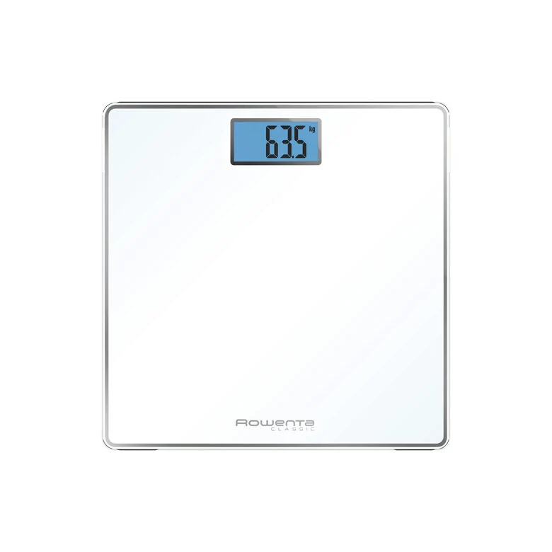 Rowenta Classic BS1501 , bilancia pesapersone elettronica, 31x31 cm, fino a 160 Kg con graduazione di precisione ogni 100g, spessore di 22 mm, batterie incluse, vetro temperato, bianco