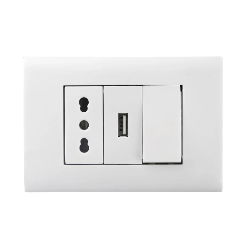 Interruttore combinato a muro(Da incasso,Interruttore di comando singolo, presa italiana e interfaccia USB ,Bianco)