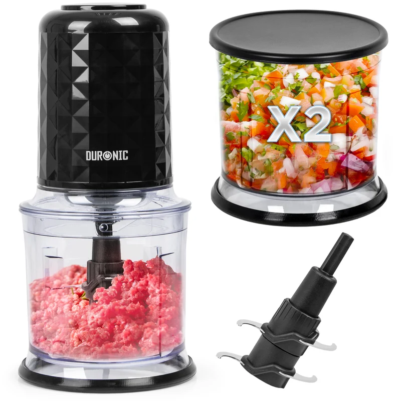 Duronic CH57 BK Mini Tritatutto 500W con 2 Ciotole 700 ml con Coperchio, Robot da Cucina Multifunzione per Verdure Frutta Carne Spezie, 4 Lame Acciaio Inox, Funzione Impulso, Preparazione Salse Nero