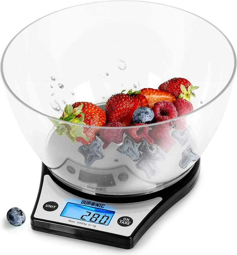 Duronic KS6000 BK Bilancia da cucina - Bilancia ad alta precisione con display digitale retro illuminato - Portata 1g / 5 kg con ciotola da 2L - Piattaforma nera - Funzione Tara