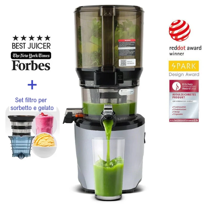 Kuvings Slow Juicer AUTO10S, silver, estrattore a freddo 50 giri al minuto + Ice Cream – Filtro per Gelati e Sorbetti