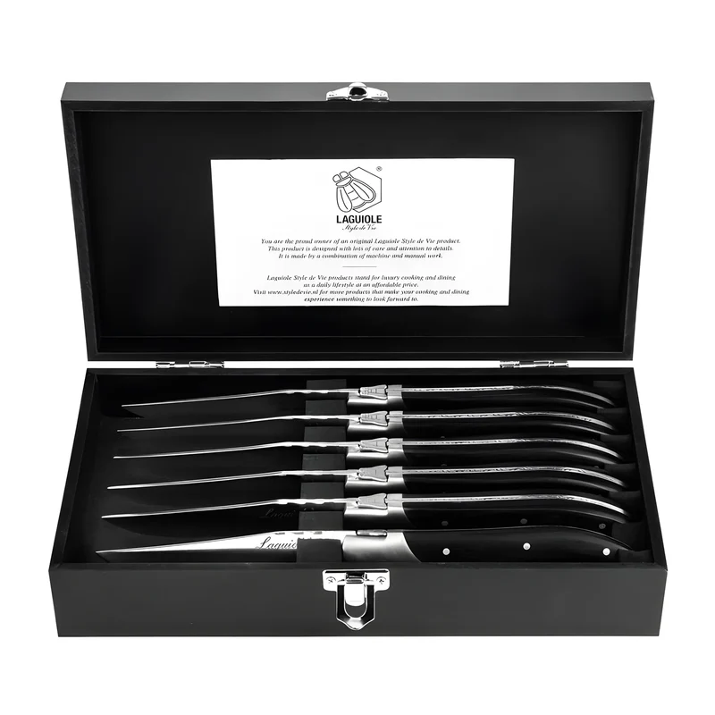 Laguiole Style Set 6 coltelli da bistecca "Luxury Line" i impugnatura in pakkawood nero lama cm 10,5