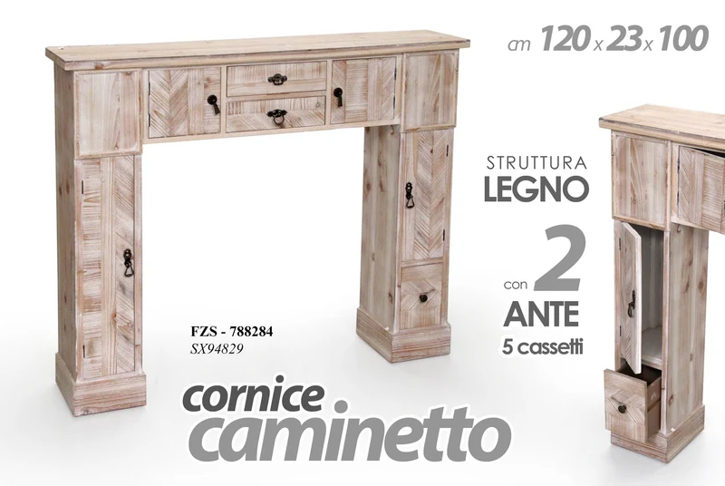 Cornice Camino In Legno Effetto Shabby 120x23x100