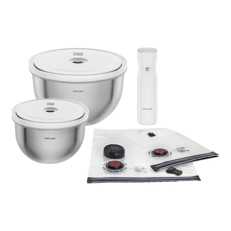 Zwilling Fresh & Save BOWLS Starterset – 9 Pezzi con Pompa Sottovuoto, 2 Ciotole Inox M/L + Buste, Bianco-Acciaio, Art. 1031015