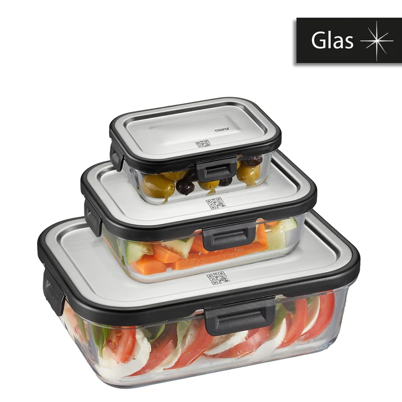 Gefu set di tre contenitore in vetro borosilicato per dispensa con coperchio ermetico impilabile MILO 12799