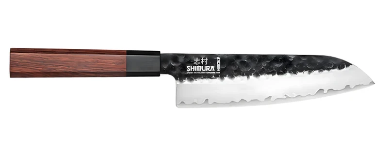 Shimura HIROKI coltello Santoku damascato martellato tre starti 7,5"/19 cm