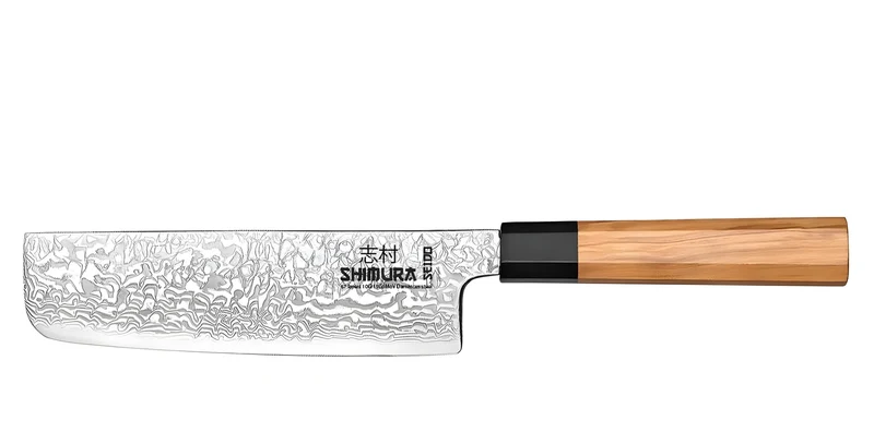 Shimura Pro Seido Miyuki coltello Nakiri damascato 67 strati impugnatura legno di ulivo 7"/18 cm