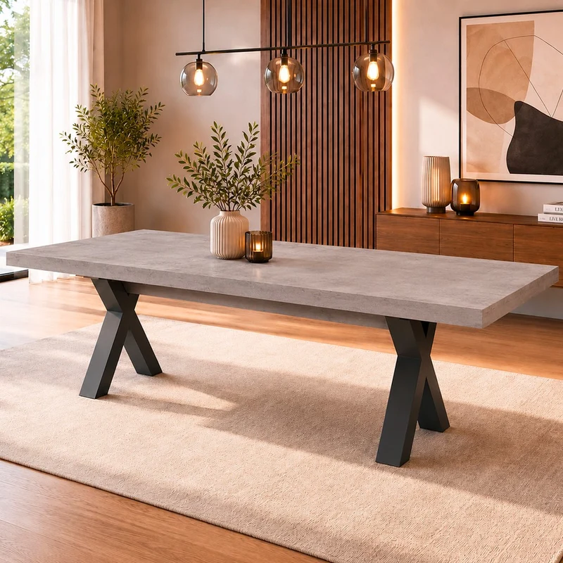 Tavolo Milonga 180x100 cm. allungabile 480 cm con piano in cemento e gambe antracite