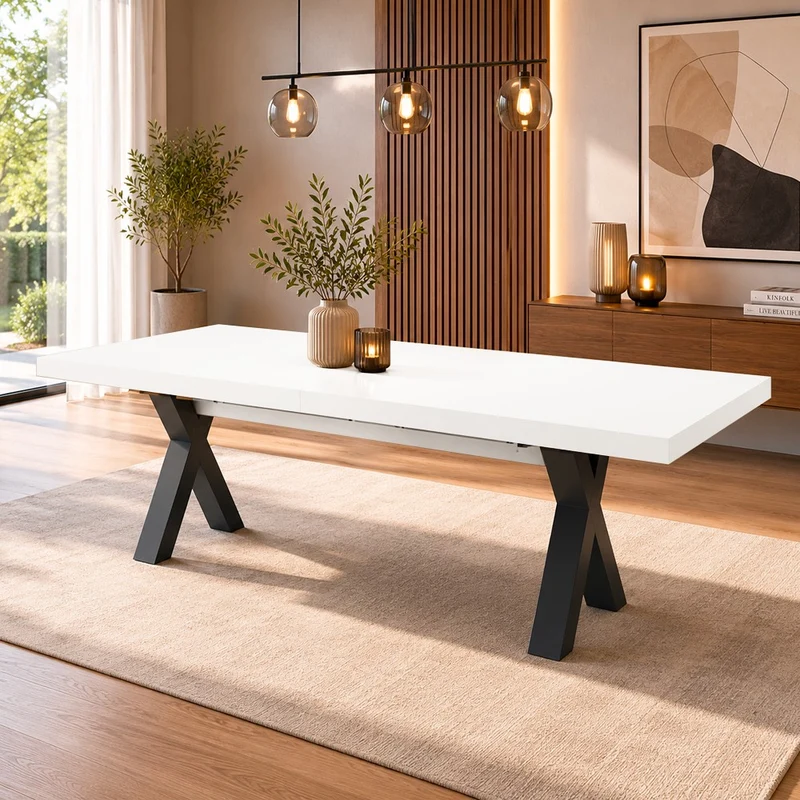 Tavolo Milonga 180x100 cm. allungabile 480 cm con piano in bianco spatolato e gambe antracite