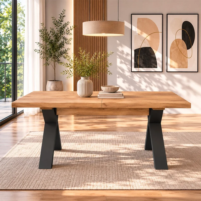 Tavolo Milonga410 160x90 cm. allungabile 410 cm. con piano in rovere nodatoe gambe incrociate antracite