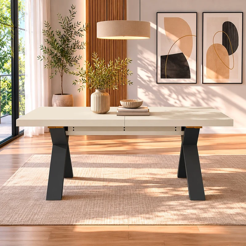 Tavolo Milonga410 160x90 cm. allungabile 410 cm con piano in cashmere e gambe incrociate antracite