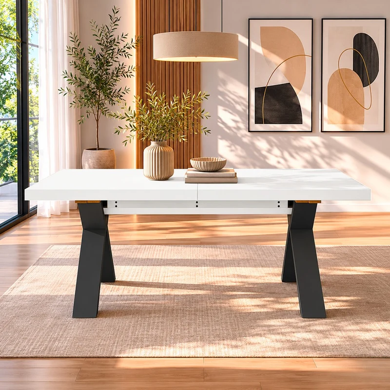 Tavolo Milonga410 160x90 cm. allungabile 410 cm con piano in bianco spatolato e gambe incrociate antracite
