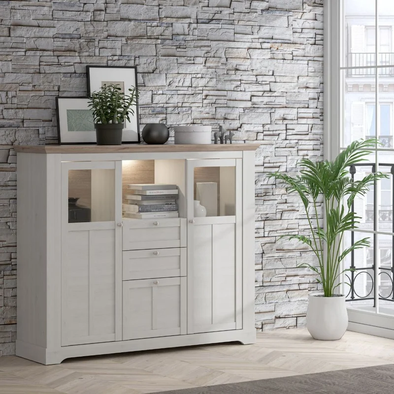 Credenza Forma con 2 cassetti e 3 ante con vetro temperato colore rovere neve e piano olmo scuro con luci integrate