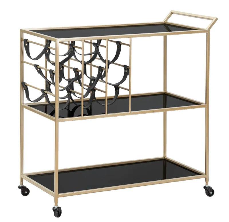 Carrello Black String 79x39,5x82 cm in Ferro e Specchio e PU Oro e Nero