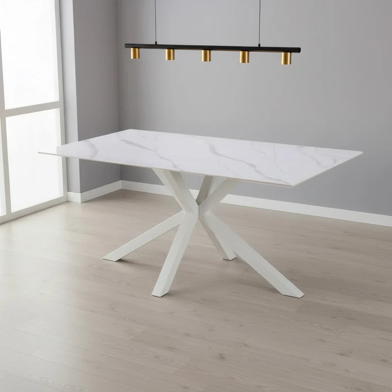 Tavolo fisso Hunter con piano in ceramica effetto marmo bianco opaco e gambe bianche