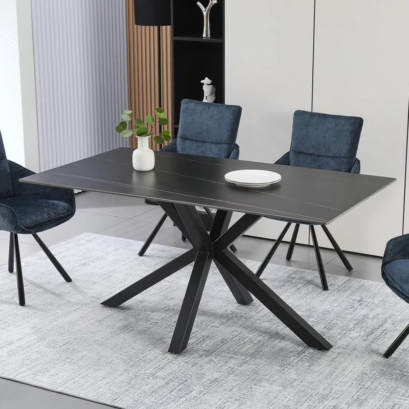 Tavolo fisso Hunter con piano in ceramica effetto marmo nero con venature oro opaco e gambe nere