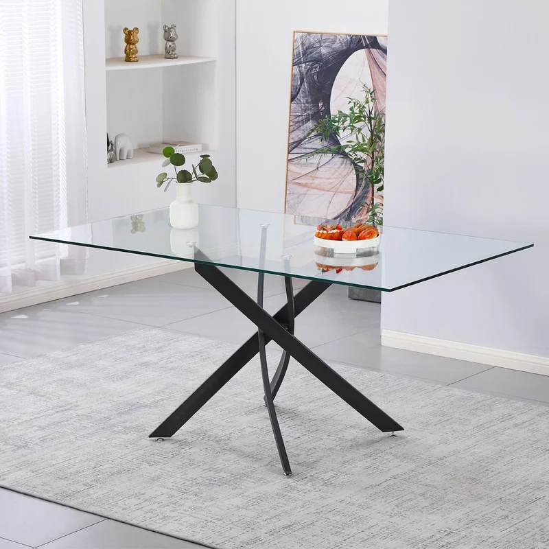 Tavolo da pranzo rettangolare fisso Peyton con piano in vetro temperato e gambe nero 160x90 cm.