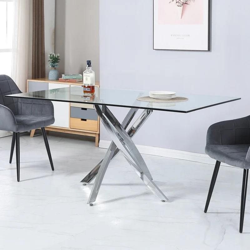 Tavolo da pranzo rettangolare fisso Peyton con piano in vetro temperato e gambe cromate 160x90 cm.