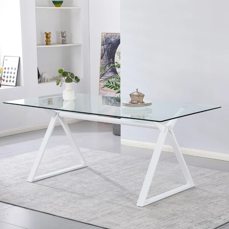 Tavolo fisso Skylar 180x90 cm. con piano in vetro temperato e gambe bianche