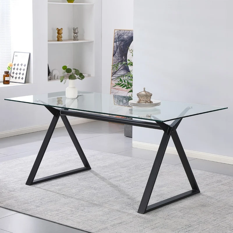 Tavolo fisso Skylar 150x90 cm. con piano in vetro temperato e gambe nere