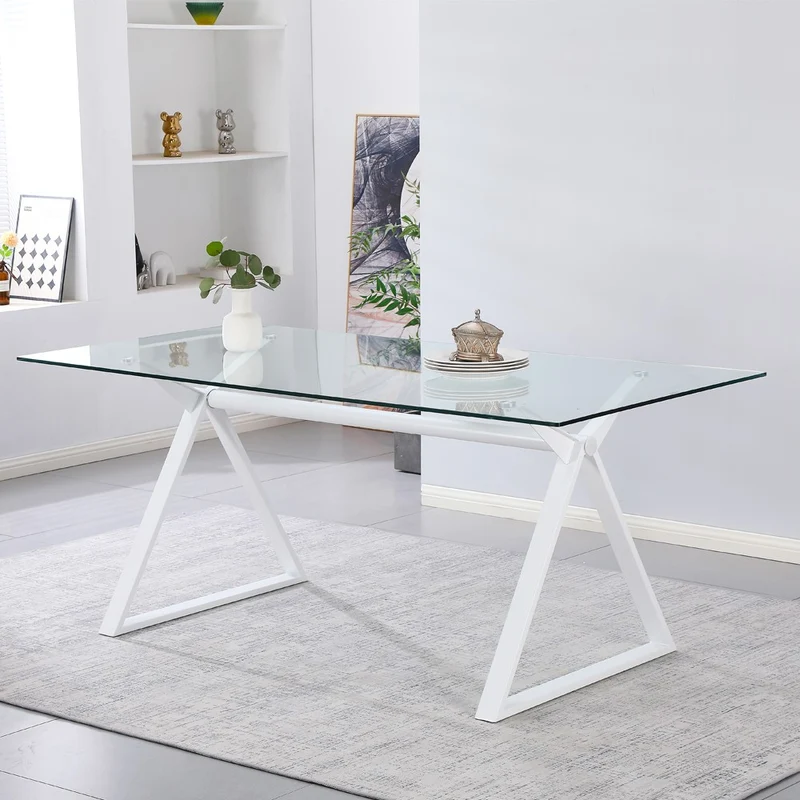 Tavolo fisso Skylar 150x90 cm. con piano in vetro temperato e gambe bianche