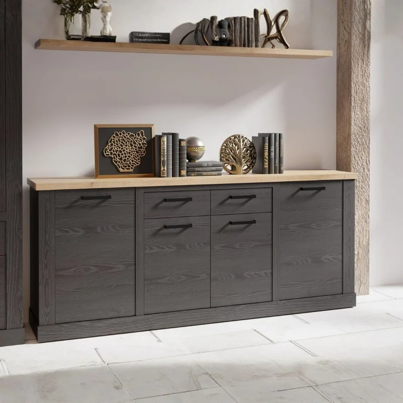 Madia Flux 4 ante e 2 cassetti in colore nero cabezone e top rovere riviera