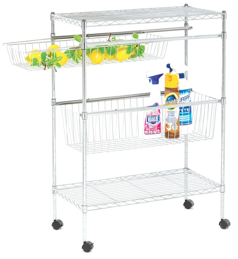 Carrello da Cucina in Metallo 30x60x80 cm 2 Ripiani 2 Cestelli Fumer Galaxy Cromato