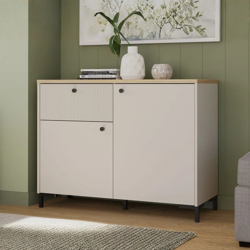 Madia Unit 2 ante e 1 cassetto cannettato L 103.1 x P 41.9 x H 79 cm. colore cashmere con top rovere