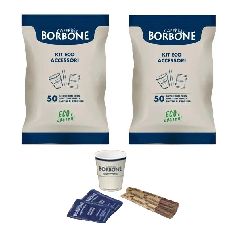 KIT ECOLOGICO 100 BICCHIERI CARTA PALETTE BETULLA LEGNO ZUCCHERO CAFFÉ BORBONE