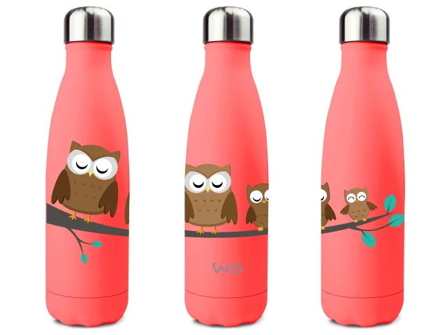 Bottiglia termica in acciao inox. Capacità 500 ml. Decoro gufi.