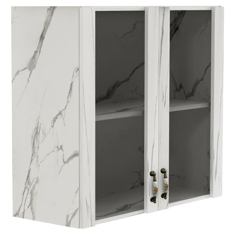 Pensile Cucina con Ante in Vetro 80x72x32 cm Bianco Effetto Marmo
