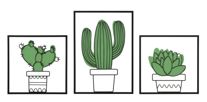 Set di Pannelli Decorativi Cactus 3D - 3 Pezzi in Metallo