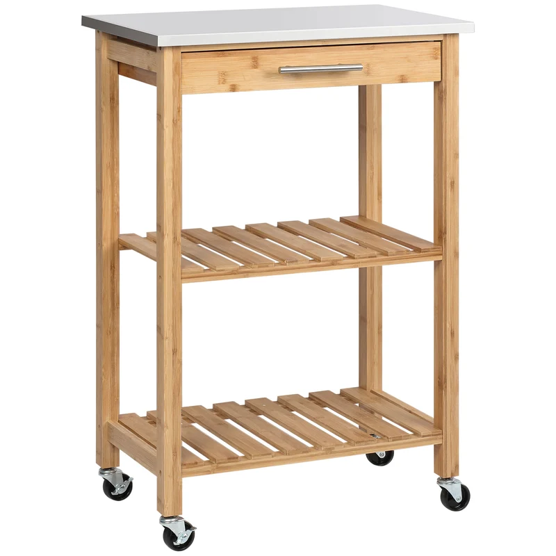 Carrello da Cucina con Piano in Acciaio Inox Cassetto e Mensole a Doghe in Bambù