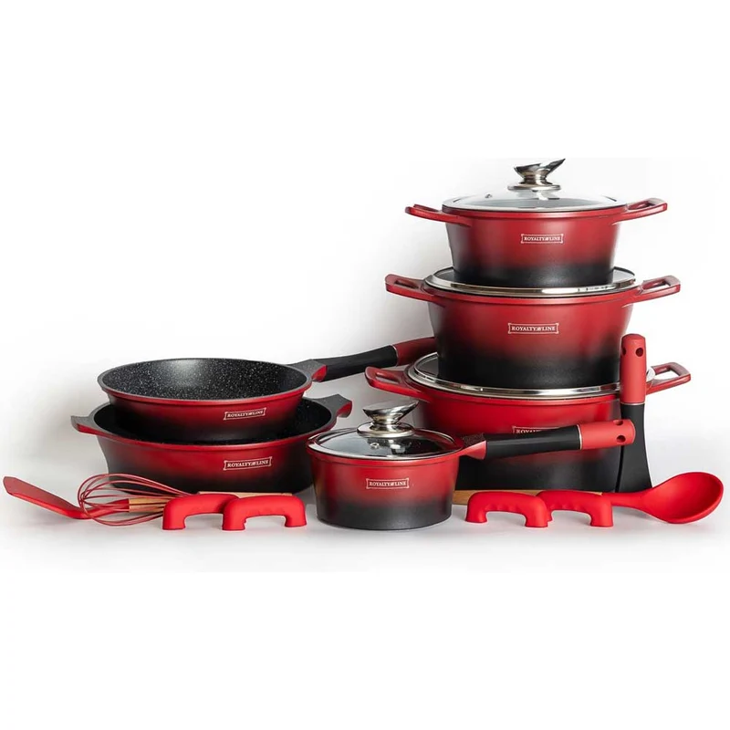 Batteria Pentole e Padelle 14 Pezzi Royalty Line Antiaderente in Pietra Professionale Nero e Rosso