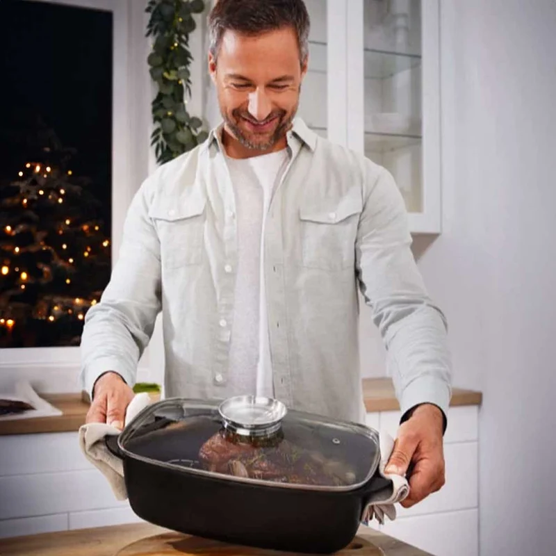 Rostiera Royalty Line Teglia Forno da Arrosto Rettangolare 34 cm Pirofila con Coperchio Vetro Nero