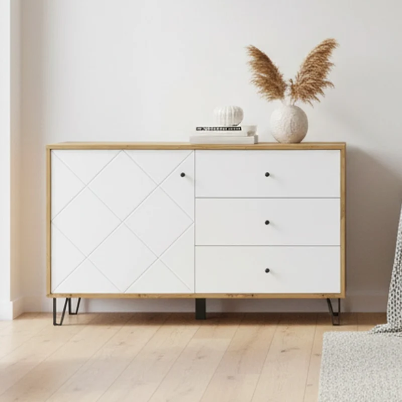 Credenza Bollo 5 con anta e 3 cassetti colore rovere e bianco