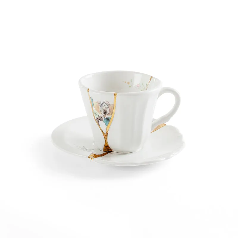 Seletti Kintsugi Tazzina caffe' con piattino in porcellana, decoro n°3