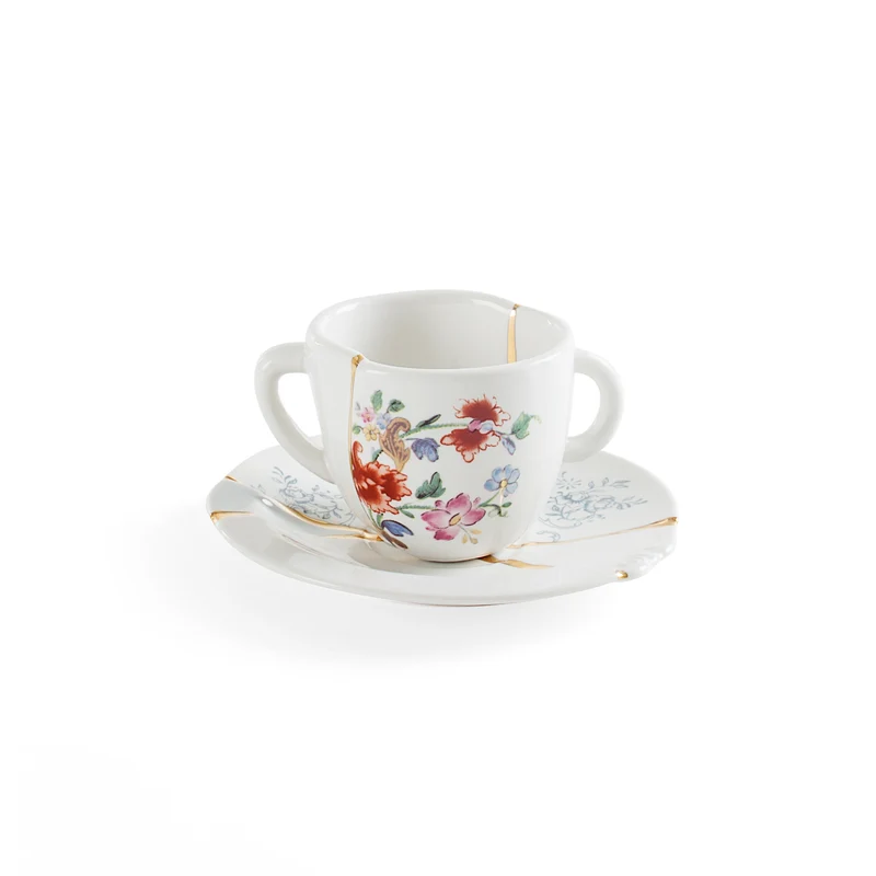 Seletti Kintsugi Tazzina caffe' con piattino in porcellana, decoro n°1