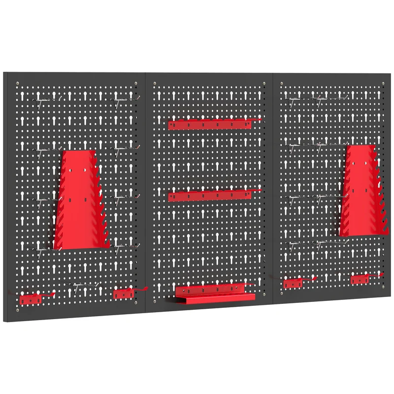 Set 3 Pannelli Porta Attrezzi da Parete 60x40x2 cm con 9 Supporti e 16 Ganci in Acciaio Nero e Rosso