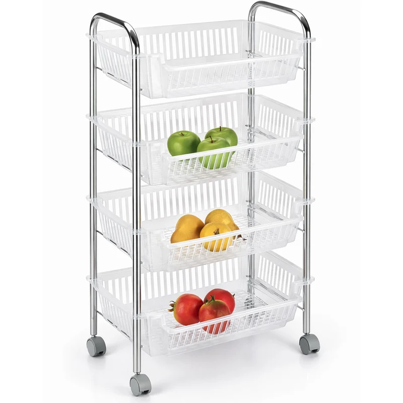 Carrello Portafrutta 28x46x90 cm con 4 Cestelli Cestino in Plastica e Struttura in Metallo Cromato