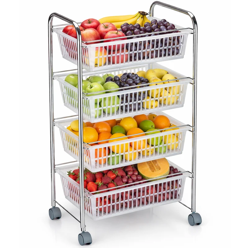 Carrello Portafrutta 47x32x87cm con 4 Cestelli in Plastica e Struttura Metallo Cromato