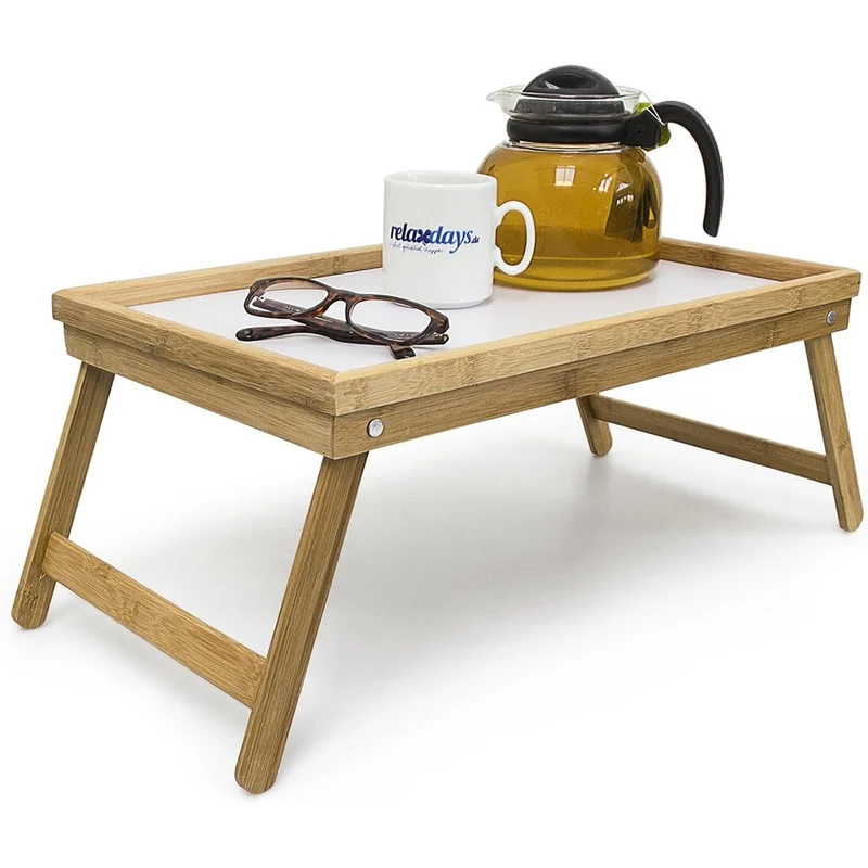 Vassoio Colazione a Letto 50x30x22 cm con Gambe Pieghevoli Salvaspazio in Bambù Bianco