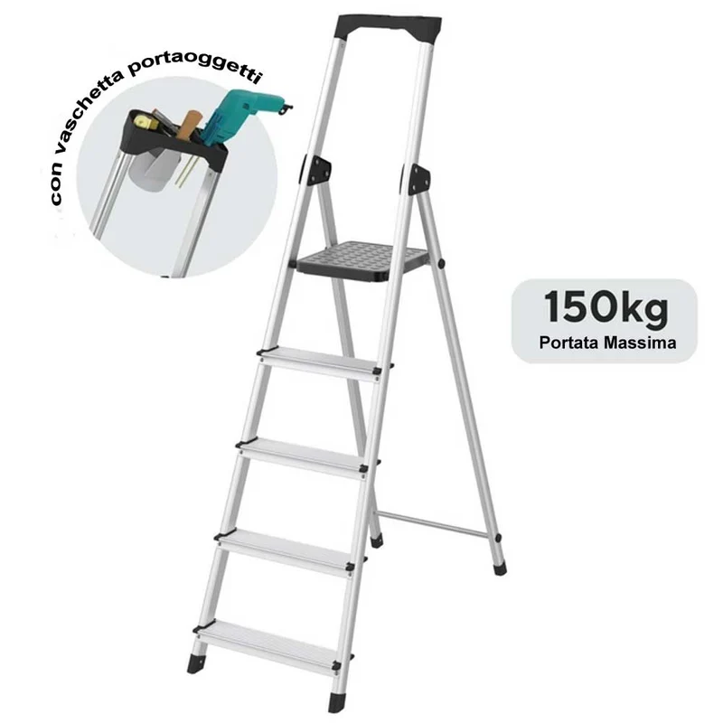 Scala Domestica 5 Gradini Scaletto Antiscivolo con Porta Utensili in Alluminio Argento