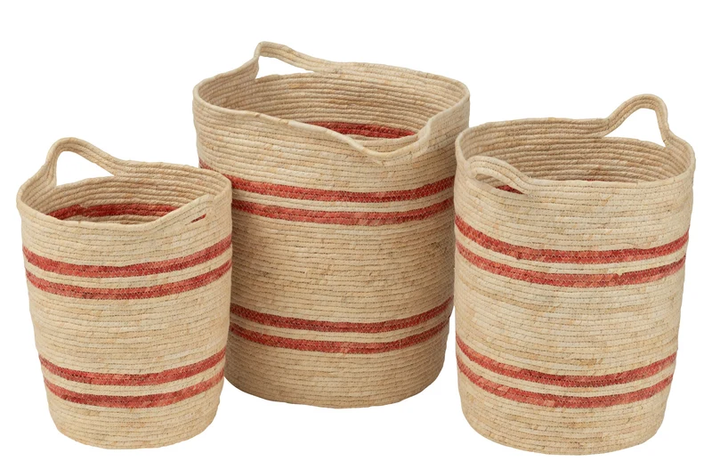 Set 3 Cesti Righe + Manico Mais Naturale/Rosso