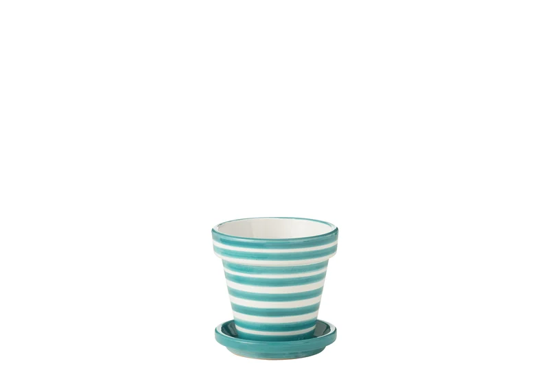 Vaso da fiori + piattino Granada Stripes, ceramica dipinta a mano, acquamarina S