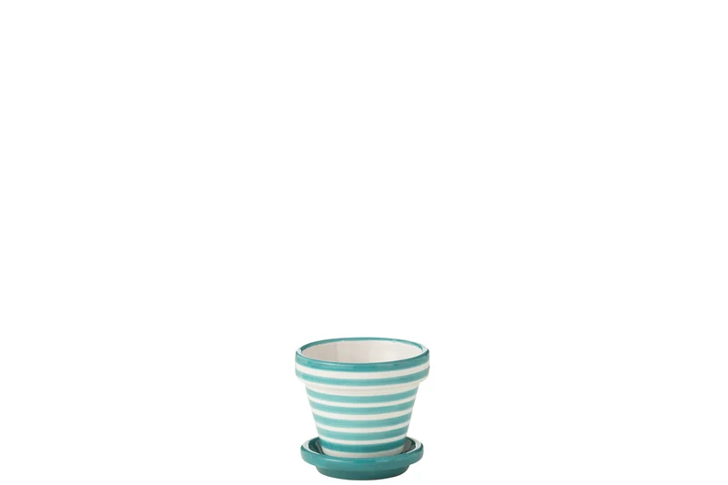 Vaso fiori + piattino Granada Stripes, ceramica dipinta a mano, acquamarina XS
